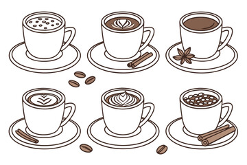 Obraz premium Six Cups of Coffee with Latte Art and Cinnamon Sticks on Saucers coffee cups coffee drinks
