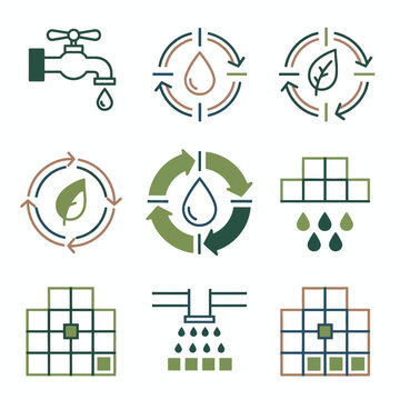 Eco-friendly water conservation and management icons representing sustainability and resourcefulness