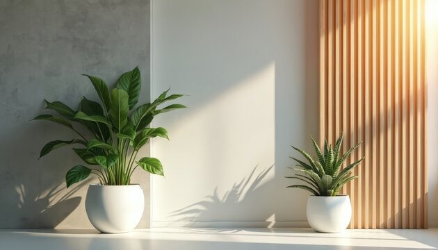 Two potted green plants sit indoors near window with natural light casting shadows. Modern minimalist interior design with neutral colors, wood accents. Clean, calm atmosphere, perfect for virtual