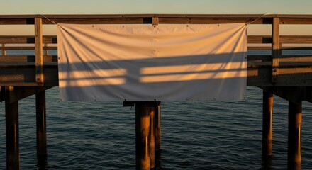 Empty white banner hangs from a wooden pier over water at sunset.  Shadows cast by the structure