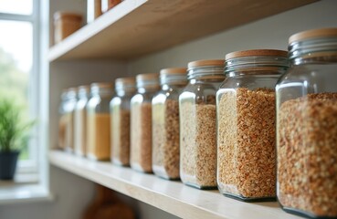 Various grains like oats barley and quinoa in clear glass jars. Kitchen shelf organization for pantry provides healthy food storage. Natural light illuminates pantry.