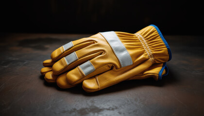 Yellow leather work glove with reflective strip resting on dark surface, rugged and ready