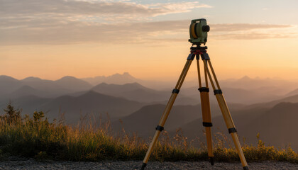 Tripod survey instrument at mountain overlook during golden sunrise with calm atmosphere