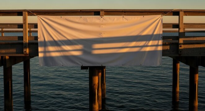 Empty white banner hangs from a wooden pier over water at sunset.  Shadows cast by the structure - Powered by Adobe