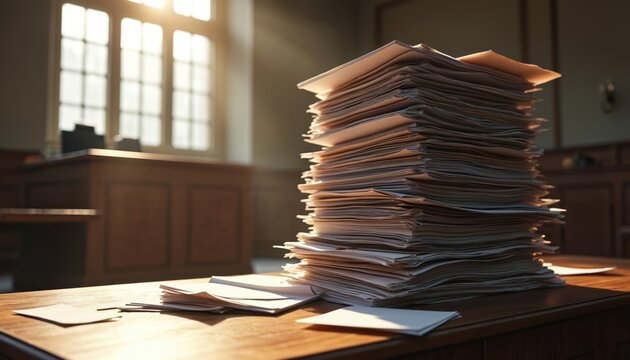 Towering stack of legal documents on wood table in court. Light streams through large window onto paperwork. Justice system files await review in formal setting.
