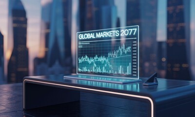 Futuristic display showing global market trends in 2077 over a cityscape