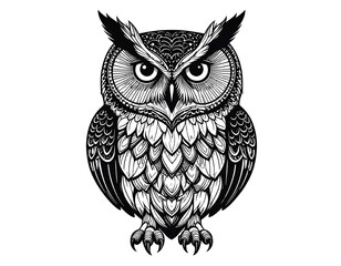 Detailed drawing of a stylized owl with intricate feather patterns and large eyes, centered on a white background