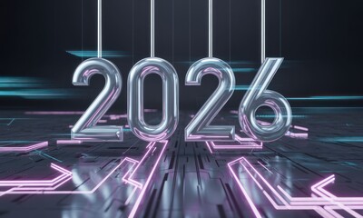 Futuristic, metallic 2026 numerals hang suspended above a dark, metallic surface with glowing neon lines