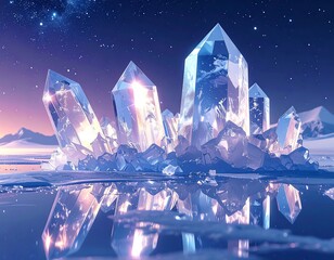 Large cluster of icy, crystalline formations reflecting in water