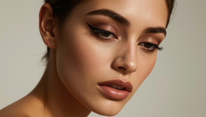 Fototapeta premium Lucid realism beauty closeup of woman with bold black eyeliner and warm makeup, serene expression