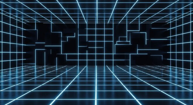 Futuristic gridded space, glowing blue lines - Powered by Adobe