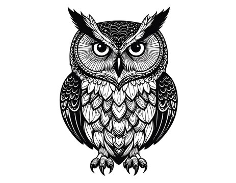 Detailed drawing of a stylized owl with intricate feather patterns and large eyes, centered on a white background