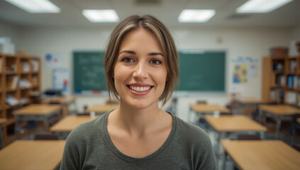 Fototapeta premium Cheerful teacher smiling in classroom with chalkboard and desks