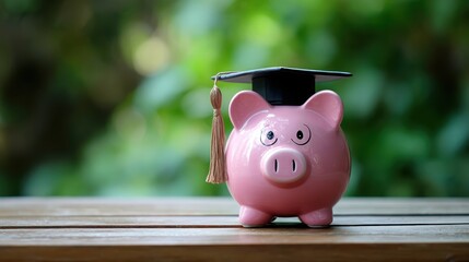 Cute pink piggy bank wearing a graduation cap with tassel representing financial education for students and savings for future academic endeavors