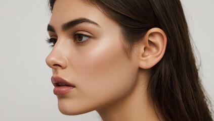 Naklejka premium Young woman profile portrait with flawless skin and soft lighting