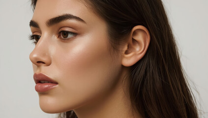 Young woman portrait with dewy skin and soft natural makeup, serene expression