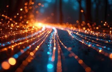 Abstract orange and blue light trails flow on dark ground. Glowing dots create a sense of speed and connectivity. Futuristic network concept with bokeh effect.