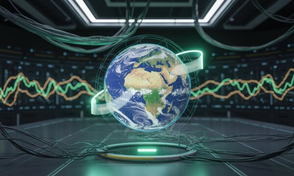 Holographic Earth in a futuristic control room, surrounded by digital graphs and cables - Powered by Adobe