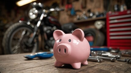 Obraz premium Charming pink piggy bank on a rustic wooden table with a motorcycle in the background and various tools scattered for financial savings and budgeting themes