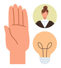 Obraz premium Open hand, woman in a circular frame, and lightbulb symbolizing guidance, ideas, teamwork, empowerment, communication, leadership problem-solving. Ideal for education branding human potential