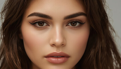 Obraz premium Young female model closeup with flawless skin and subtle makeup