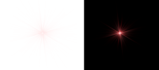 A striking red lens flare effect with distinct, sharp rays creating a powerful starburst pattern against transparent and black backgrounds