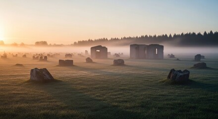 Misty sunrise over a field of ancient, gray ruins