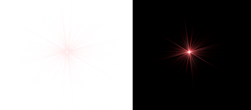 A striking red lens flare effect with distinct, sharp rays creating a powerful starburst pattern against transparent and black backgrounds - Powered by Adobe