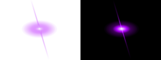 Violet circular lens flare with vertical light beam on transparency and black setting