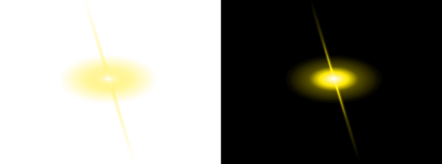 Yellow light source lens flare with vertical ray emission on transparent and black backdrop