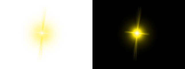 Shiny yellow lens flare element with golden rays on transparent background for cinematic light effects and professional video production
