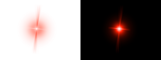 Glowing red lens flare effect with intense ruby rays on transparent background for dramatic lighting and alarm signal graphic components