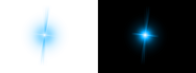 Abstract bright glowing lens flare light effect with beams and a halo on a transparent background and a black background