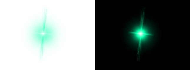 Abstract bright glowing lens flare light effect with beams and a halo on a transparent background and a black background