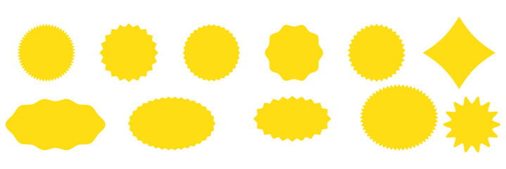 Set of black star burst shape tags for price. Circle sticker. Wavy edge promo badges. Blank sale stickers collection. Design elements of Price sticker, sale sticker, starburst, quality mark, retro.