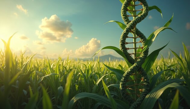 Corn stalk grows with DNA helix structure instead of cob. Organic field under bright sunlit sky. Science and nature merge in rural landscape.