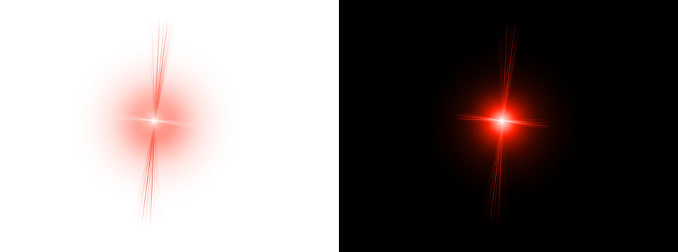 Glowing red lens flare effect with intense ruby rays on transparent background for dramatic lighting and alarm signal graphic components