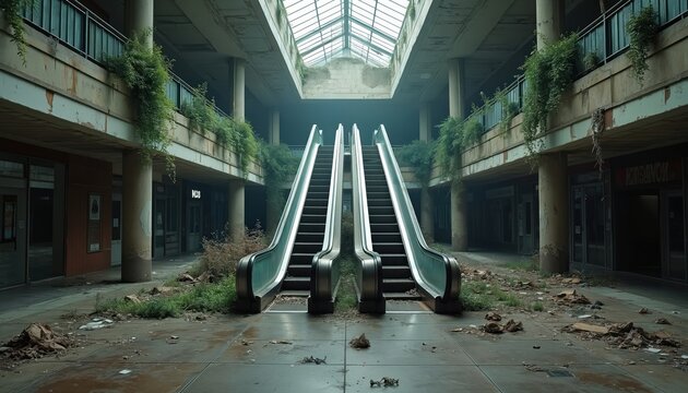 Abandoned mall interior with broken glass, overgrown plants, and decaying escalators. Sunlight streams through skylights onto a desolate, neglected shopping space, creating an eerie atmosphere.