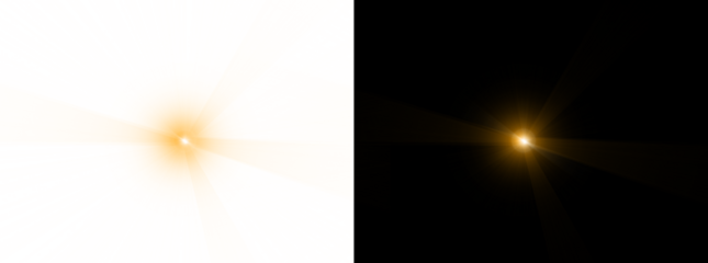 Orange light source lens flare effect on transparent background and dark background glowing bright star with rays in studio shot