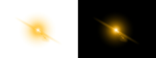 golden lens flare starburst effect with streaks and circles on transparent and black backgrounds for creative design
