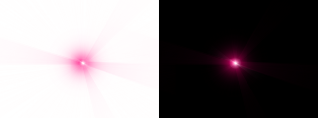 Pink light source lens flare effect on transparent background and dark background glowing bright star with rays in studio shot