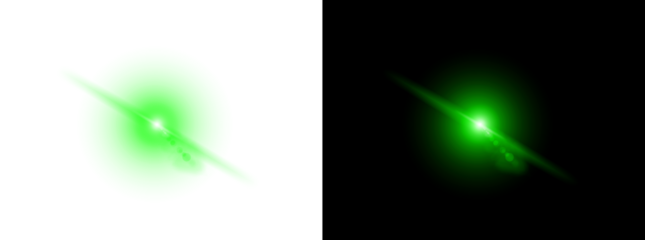 bright green lens flare with diagonal streaks and circular highlights on transparent and black backgrounds