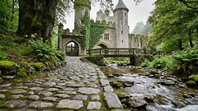 Stabilized medium shot tracking along a winding cobbled stone path that follows a small babbling stream toward the imposing entrance of a hidden stone castle fantasy, waterflow, clearwater