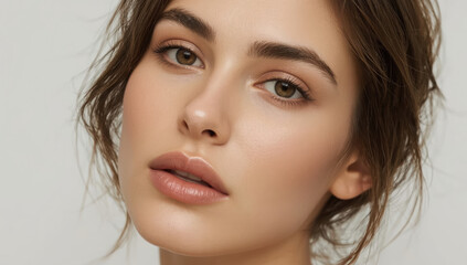 Obraz premium Young woman closeup portrait with natural makeup and soft expression