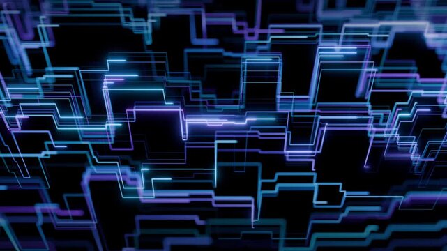 Seamless loop background with neon digital graph patterns made of glowing blue and purple lines. Abstract animation of high speed data signals stream flowing through a futuristic structure. 4K 60fps