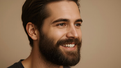 Fototapeta premium Smiling bearded man with warm gentle gaze and soft studio lighting