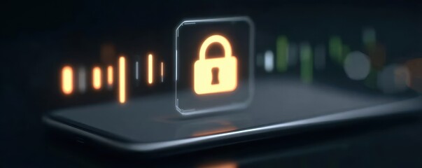 Fototapeta premium smartphone security visualization with floating padlock icon and digital light effects representing data protection