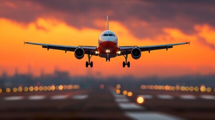 Airplane landing sunset