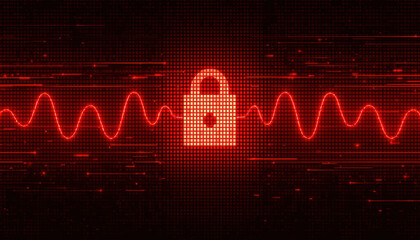 Red digital lock waveform grid glowing security icon with pulse energy