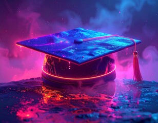 Neon lit graduation cap on a reflective surface in pink and blue